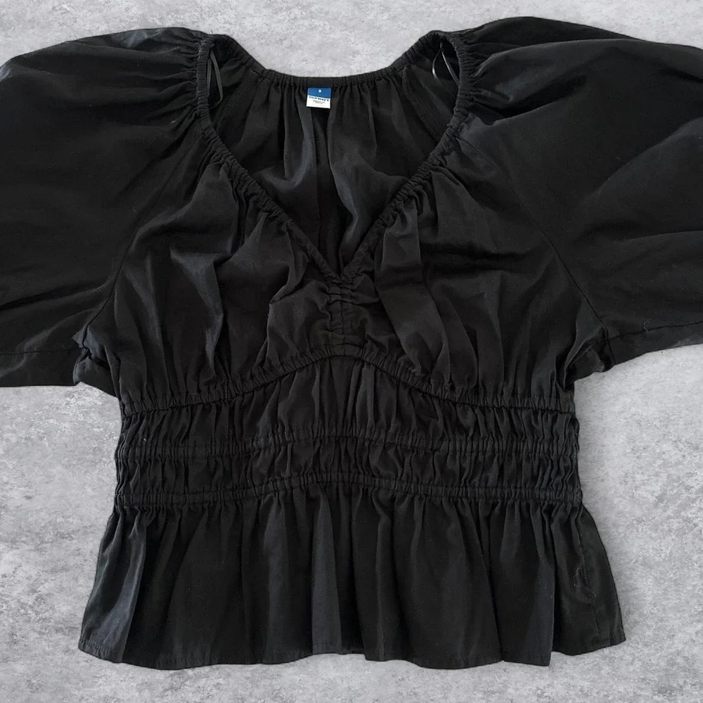 Old Navy Womens Black Cotton Poplin Smocked Peplum Puff Sleeve V-Neck Blouse S